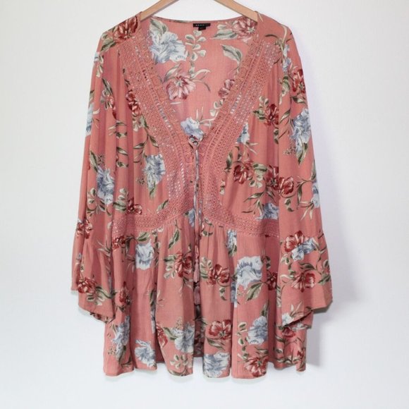 Torrid Dusty Coral Floral Crinkle Gauze Crochet Babydoll Top Size 3 3X H13239 - Picture 2 of 12